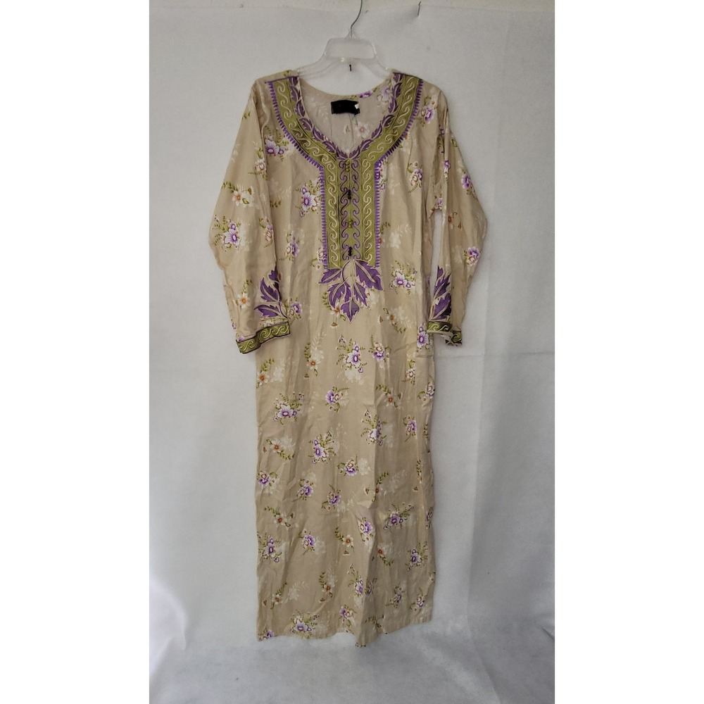 Floral Embroidered Maxi Dress Green Purple Beige M‎ Long Sleeve Kurta Kaftan